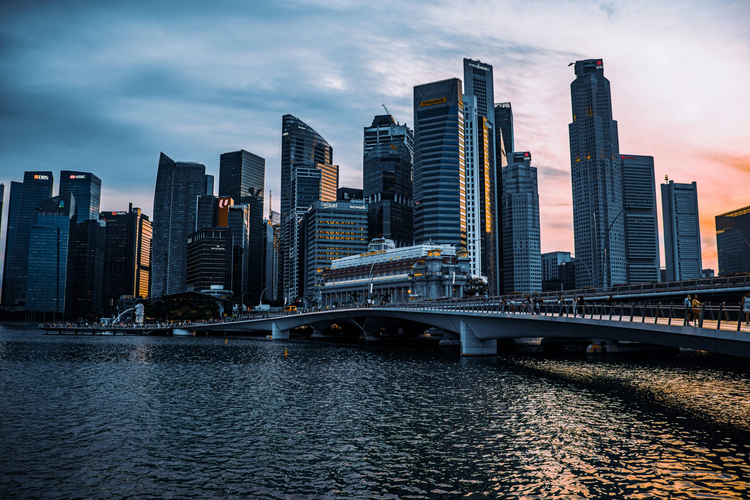 Singapore central business district skyline at golden hour